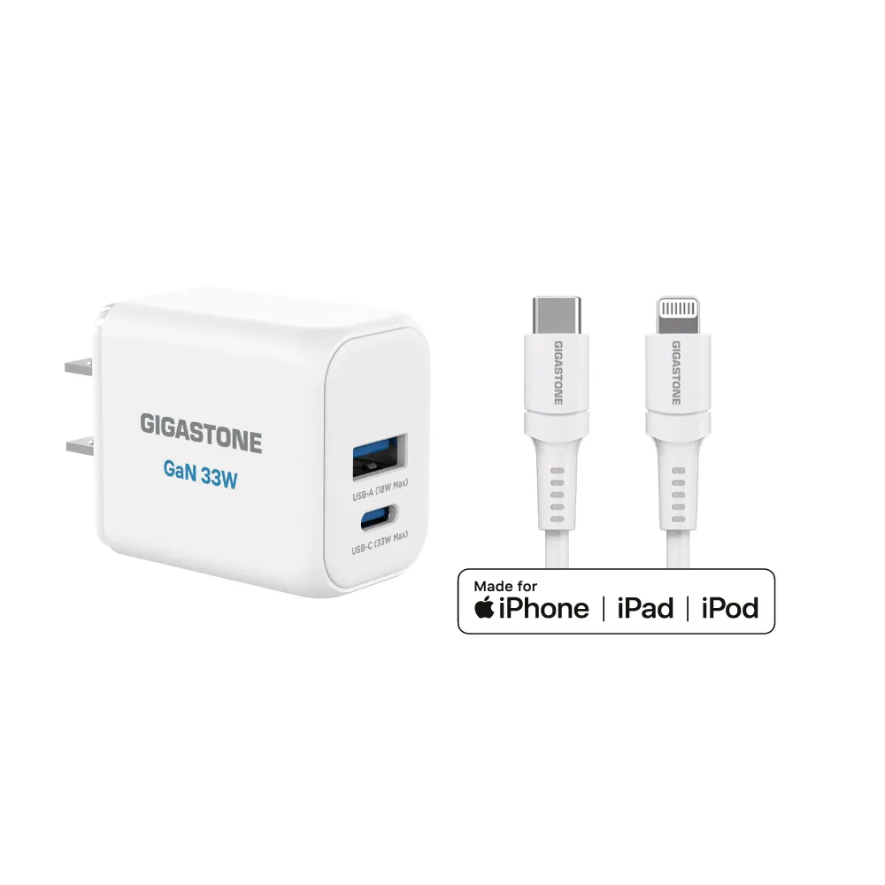 【Gigastone 立達國際】33W 兩孔GaN氮化鎵充電器+C to Lightning MFi充電線(支援iPhone14以下蘋果充電頭組)