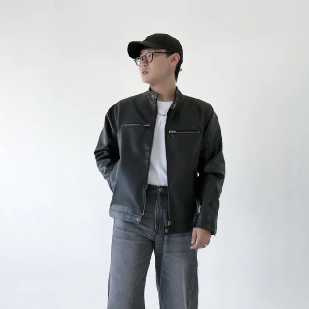 【EDWIN】男裝 AI皮外套(黑色)