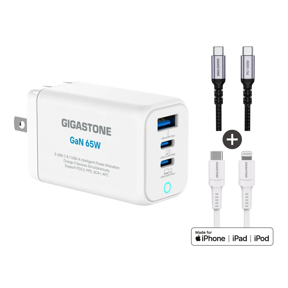 【Gigastone 立達國際】65W GaN三孔PD-7656快充組 白：附100W/30W雙線(支援iPhone17/14)
