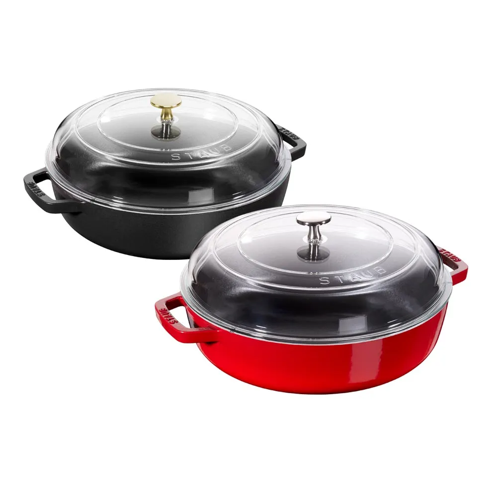 【STAUB】琺瑯鑄鐵雙耳煎鍋24cm+玻璃蓋/顏色任選(德國雙人牌集團官方直營)