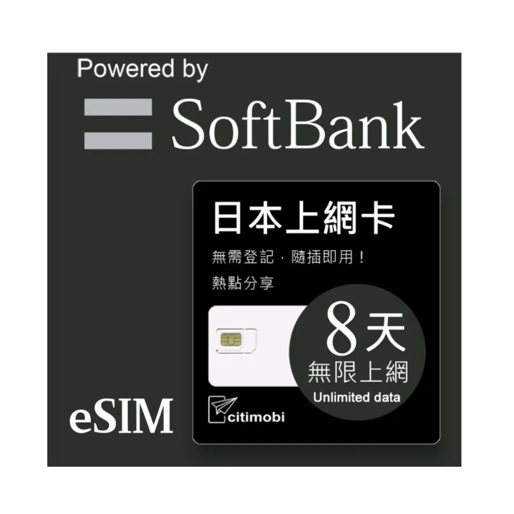 【citimobi】eSIM日本8天吃到飽不降速(日本網卡 吃到飽 不降速 日本 網卡 沖繩 大阪 北海道 eSIM)