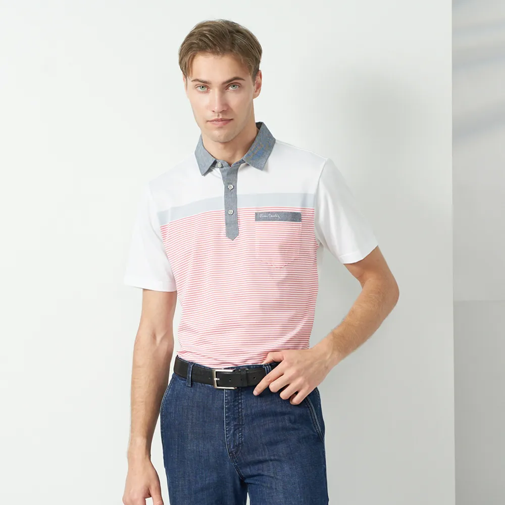 【pierre cardin 皮爾卡登】休閒服飾 男款 吸濕排和定位條襯衫領短袖polo衫-白色(5237205-90)