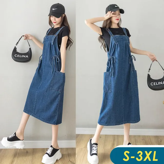 【CHACO】/現貨/女 雙側繫帶吊帶牛仔裙 中大碼寬鬆連身裙#5005(吊帶 牛仔 連身裙 四季)