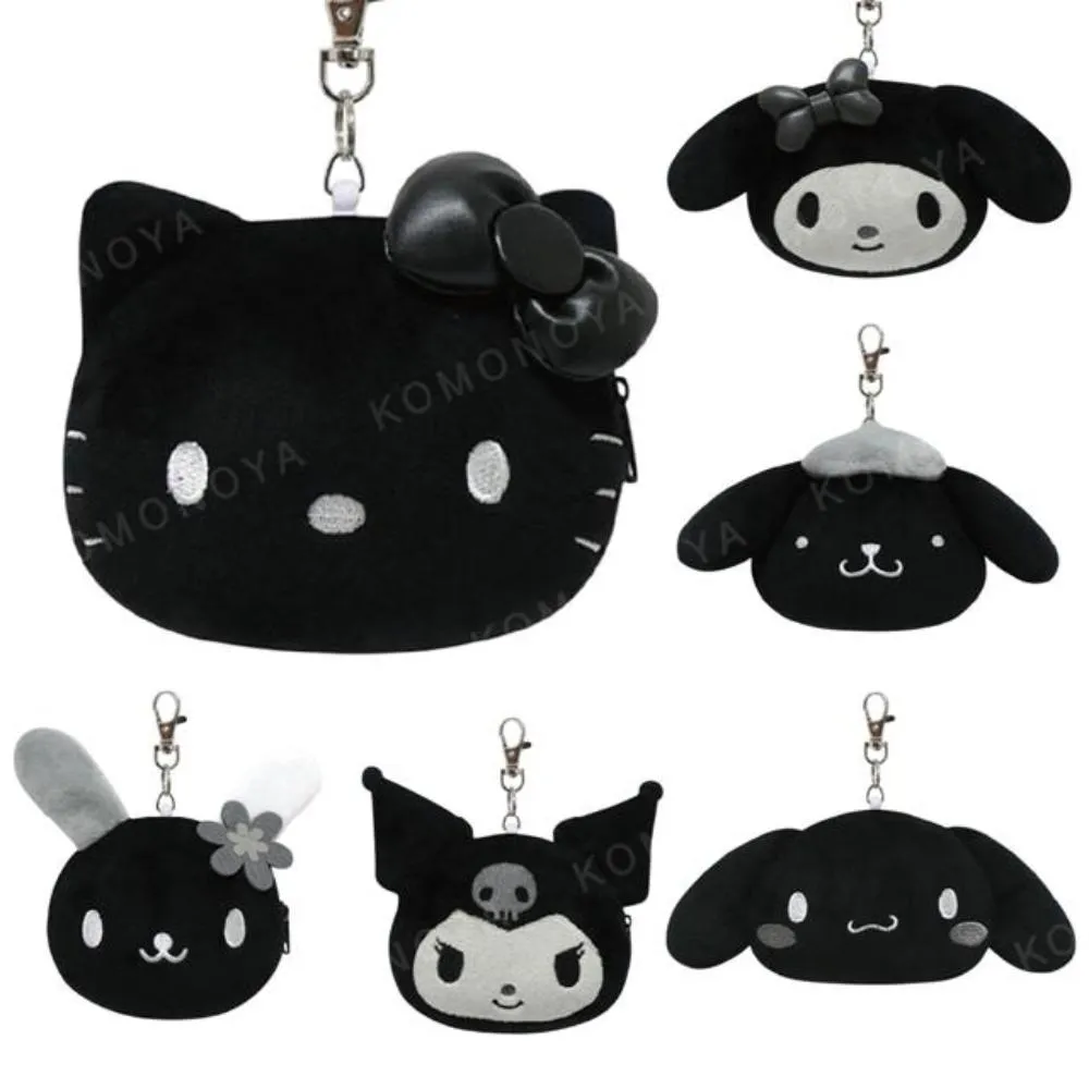 【小禮堂】Sanrio 三麗鷗 絨毛玩偶伸縮票卡零錢包 黑白風格款 Kitty 美樂蒂 布丁狗 花小兔