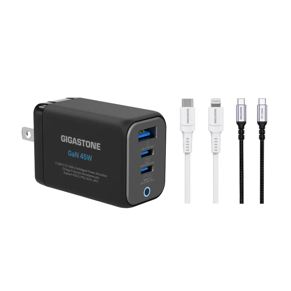 【Gigastone 立達國際】45W GaN快充組 黑 : 三孔充電頭+100W/30W雙線(支援iPhone 17/14/筆電)