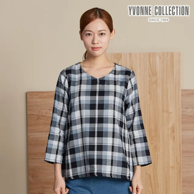 【YVONNE 以旺傢飾】斜紋格V領長袖上衣-藍
