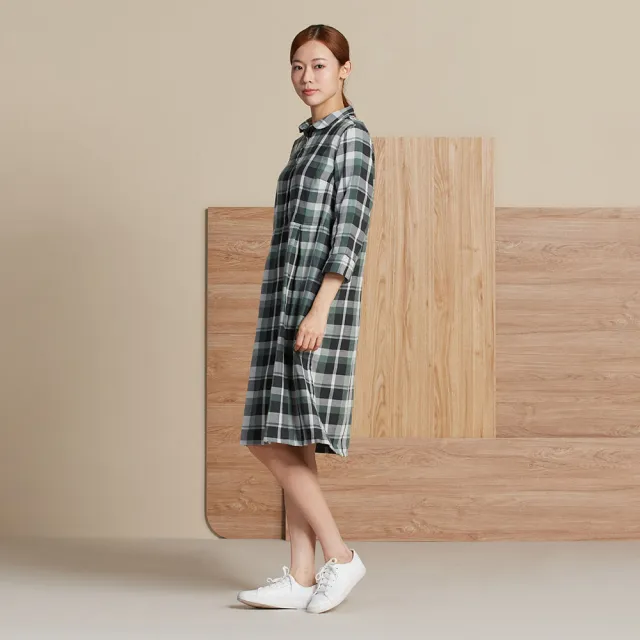 【YVONNE 以旺傢飾】斜紋格半開襟七分袖洋裝-暗綠色