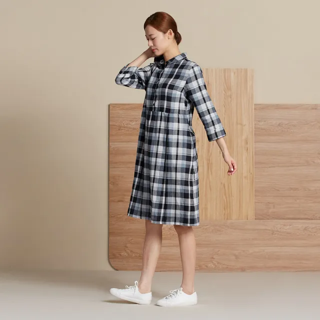 【YVONNE 以旺傢飾】斜紋格半開襟七分袖洋裝-藍