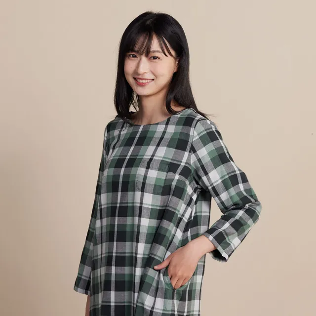 【YVONNE 以旺傢飾】斜紋格長袖洋裝-暗綠色