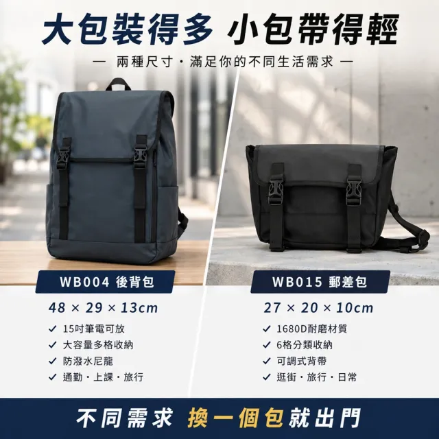 【WHOSE BAG】雙11 買一送一大容量防潑水後背包＋機能郵差包｜15吋筆電包男女通勤旅行包