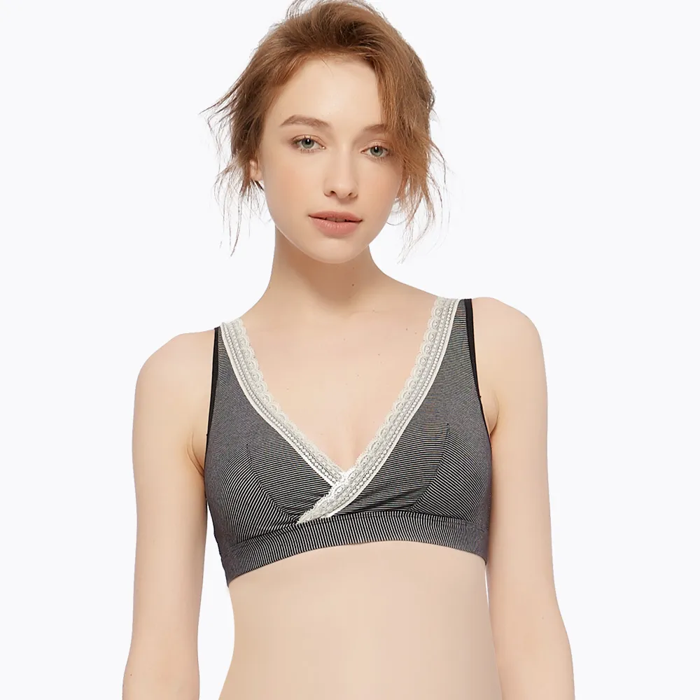 【Gennies 奇妮】哺乳內衣 咖啡紗交叉款無鋼圈內衣(條紋黑 特惠)