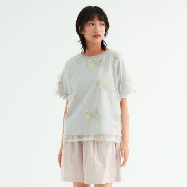 【PINK NEW GIRL】夏戀絮語花卉刺繡網紗短袖上衣 (2色) A3310AD