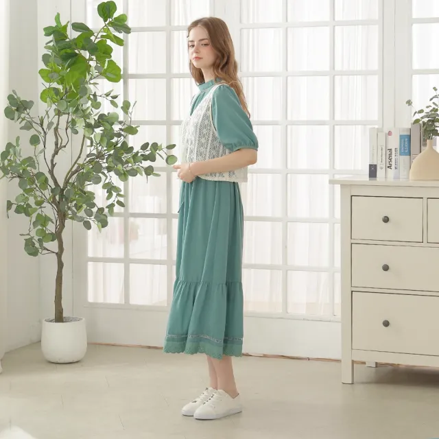 【CUMAR】兩件式蕾絲背心連身蛋糕裙洋裝 藍 綠