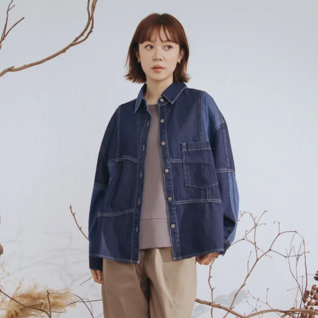 【MOSS CLUB】水洗剪接拼色牛仔落肩襯衫 藍 黑