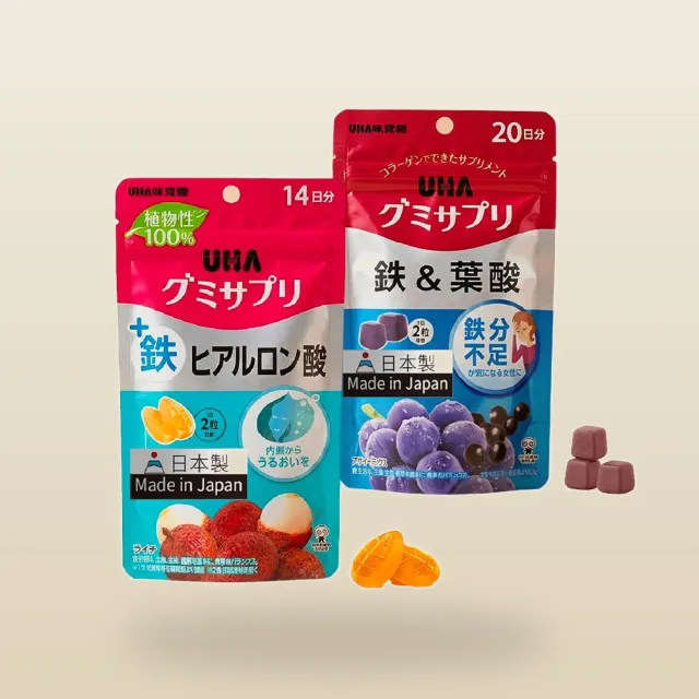 【UHA 味覺糖】鐵及葉酸20日(一包)+ 鐵+玻尿酸14日(一包)｜女性氣色補給、水潤保濕
