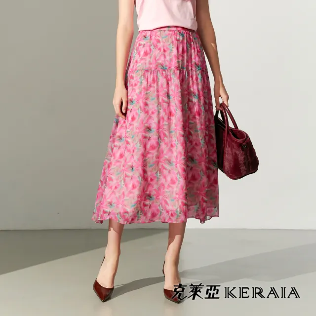 【KERAIA 克萊亞】桃粉戀花影印花雪紡長裙