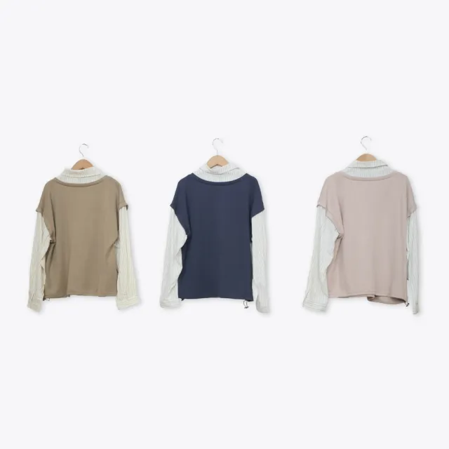 【CUMAR】條紋襯衫拼接素面背心假兩件上衣 藍 粉 咖(魅力商品)