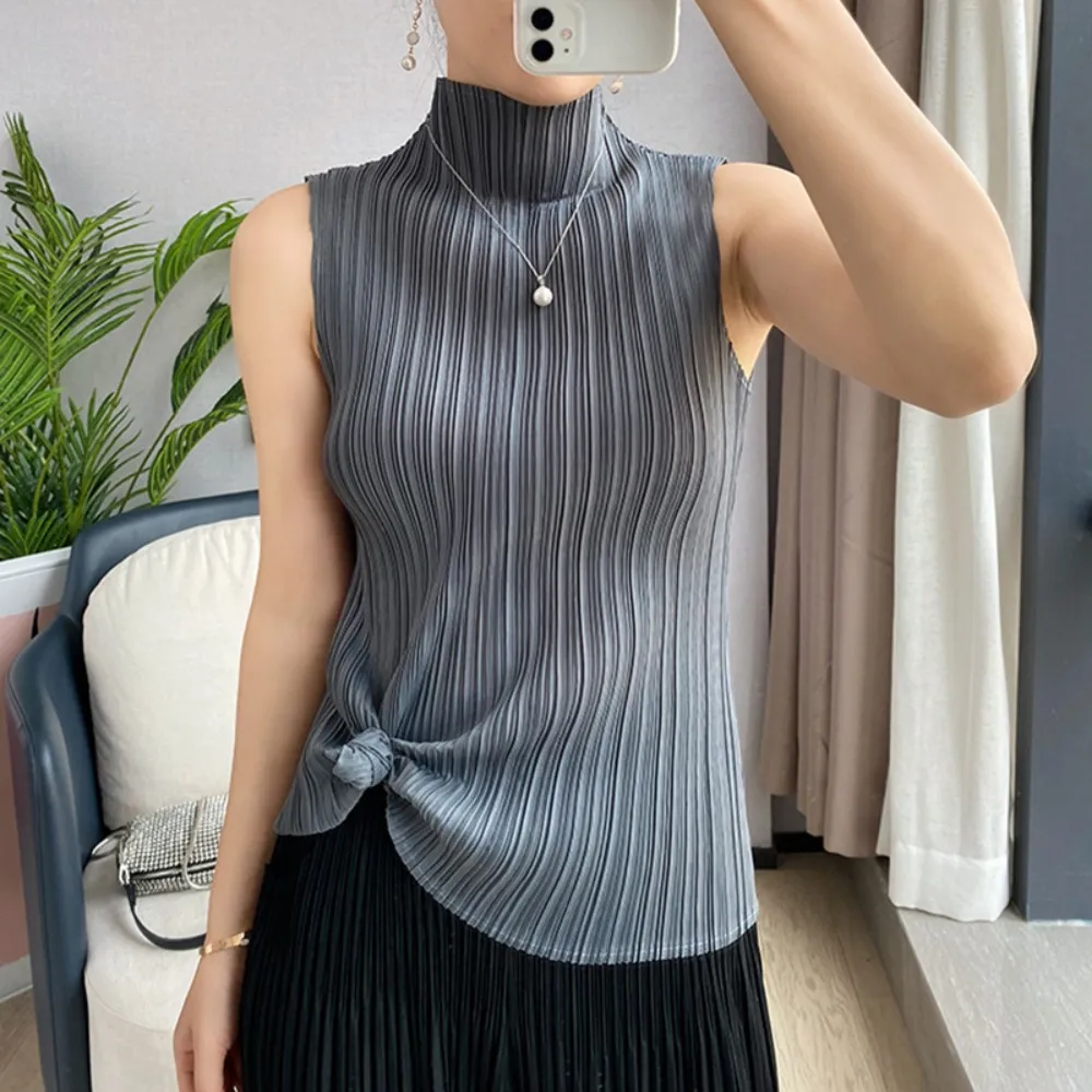 【巴黎精品】現貨限搶 三宅風皺褶衣服褶皺上衣摺衣彈力大尺碼(高領無袖寬鬆女T恤3款b1a36)