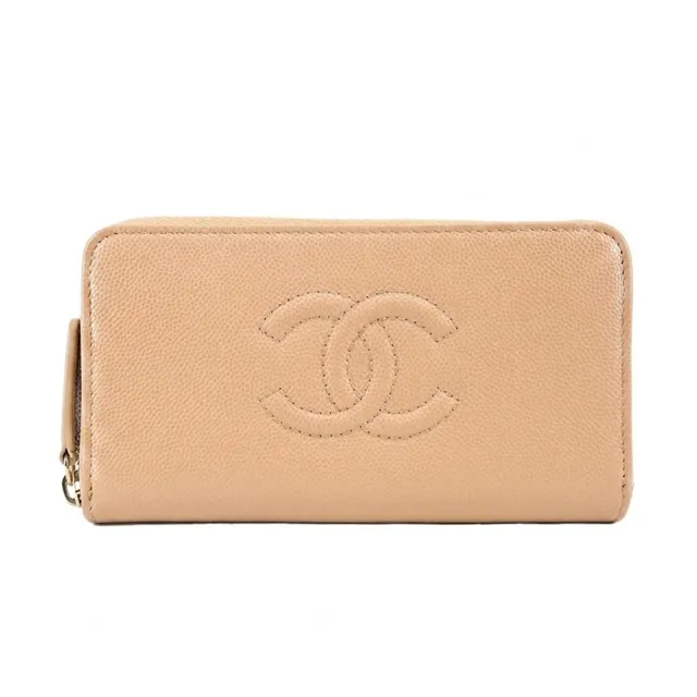【CHANEL 香奈兒】經典雙C浮雕紋牛皮拉鍊長夾(粉膚)