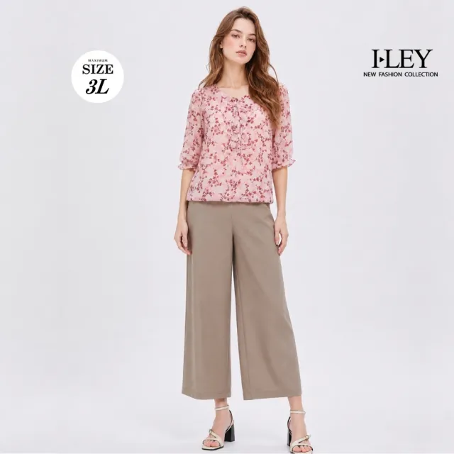 【ILEY 伊蕾】荷葉蝴蝶結印花雪紡衫(粉；M-3L；1262181138)