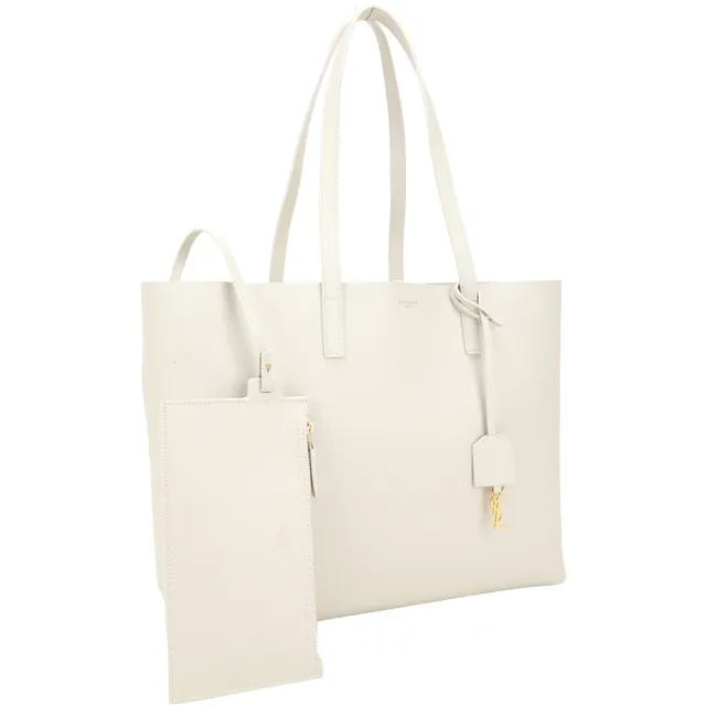 【YSL】Saint Laurent E/W 軟質牛皮 肩背托特包(附可拆萬用包 復古白 通勤包)