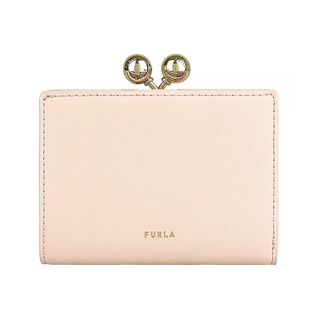 【FURLA 芙拉】FURLA 燙金LOGO Dots系列小牛皮6卡按釦式口金零錢中夾(幻影粉紅x淡粉紅)