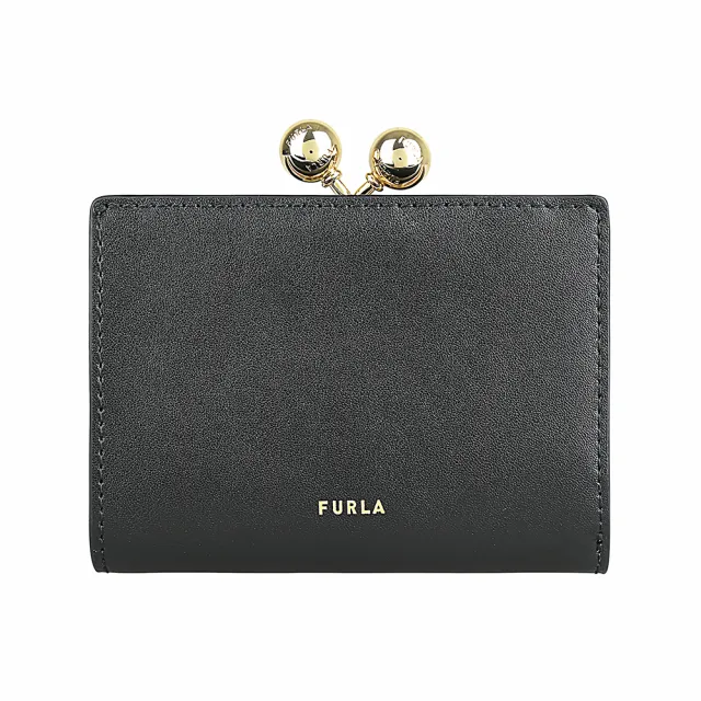 【FURLA 芙拉】FURLA 燙金LOGO Dots系列小牛皮6卡按釦式口金零錢中夾(黑)