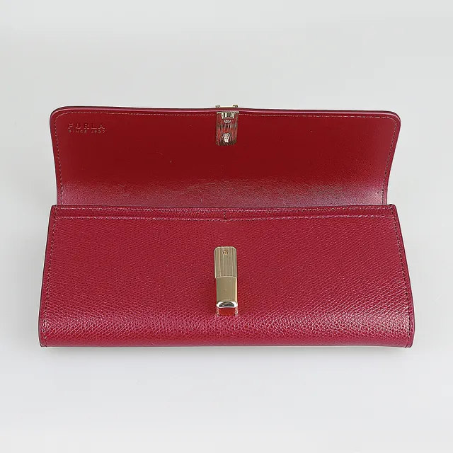 【FURLA 芙拉】FURLA 拱形金釦LOGO Iride系列小牛皮8卡翻蓋磁釦式長夾(深紅)