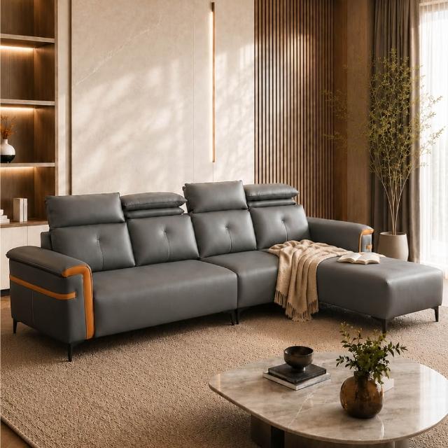 【IHouse】酷可 調整式頭枕 高背貓抓皮沙發 4人+腳椅/L型