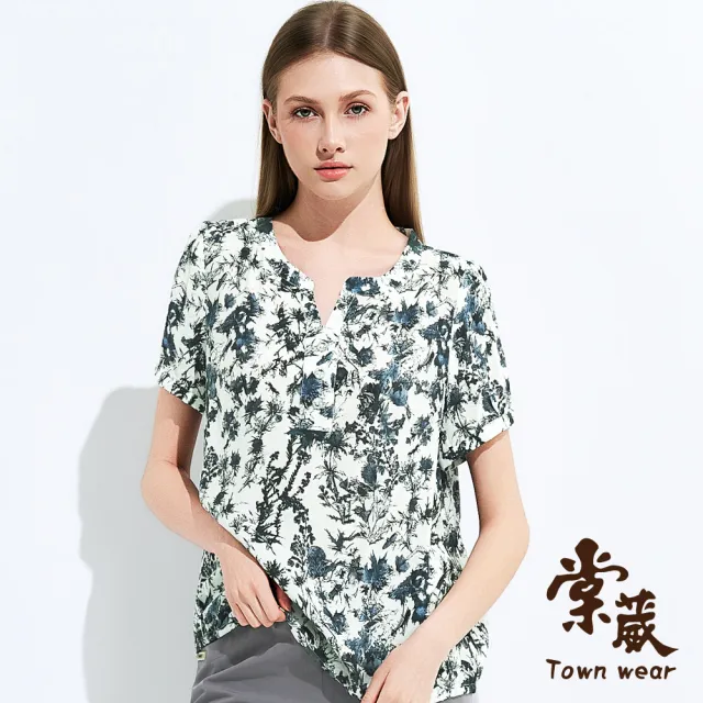 【TOWN’WEAR 棠葳】涼感藍白花卉小V領上衣(女上衣/女上著/短袖/小V領/花卉/印花/優雅/輕盈)