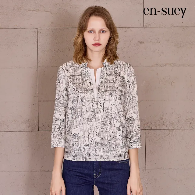 【en-suey 銀穗】EU假兩件純棉印圖半開襟上衣-女
