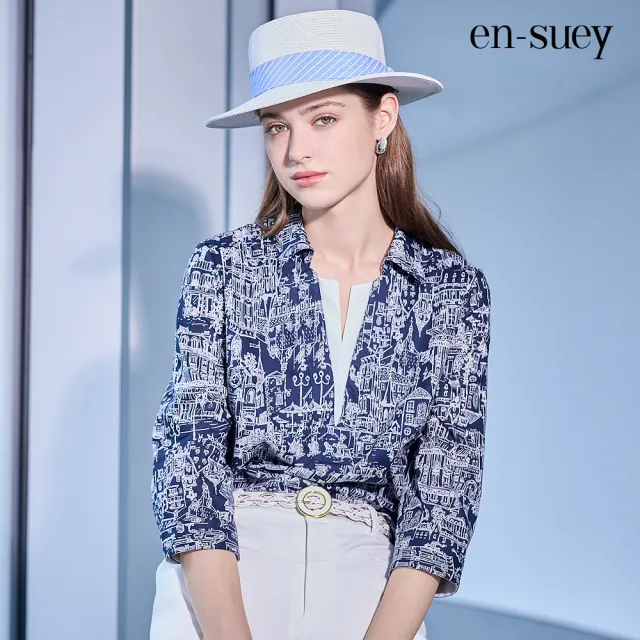 【en-suey 銀穗】EU假兩件純棉印圖半開襟上衣-女