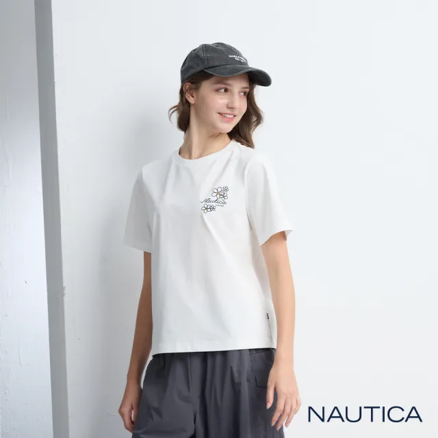 【NAUTICA】官方旗艦 女裝 花卉刺繡涼感短袖T恤-白色