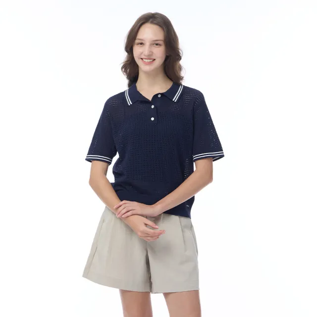 【NAUTICA】官方旗艦 女裝 鏤空針織POLO衫-深藍色