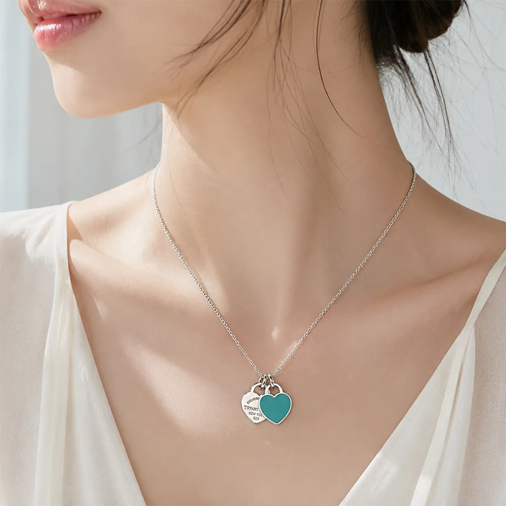 【Tiffany&Co. 蒂芙尼】心心相映迷你吊牌墜飾925純銀粉藍瓷項鍊
