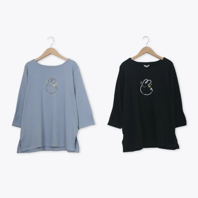 【MOSS CLUB】兔印花七分袖T恤 藍 黑(魅力商品)