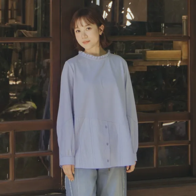 【MOSS CLUB】蕾絲拼接內搭長袖棉T上衣 藍 黑 白(魅力商品)