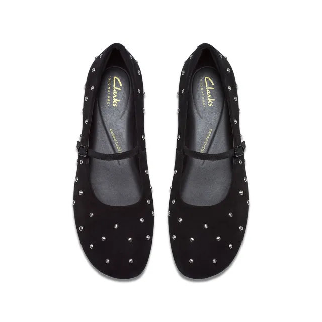 【Clarks】女鞋 -Livia Stud真皮鉚釘瑪莉珍鞋 平底鞋(黑色)(CLF84157C)