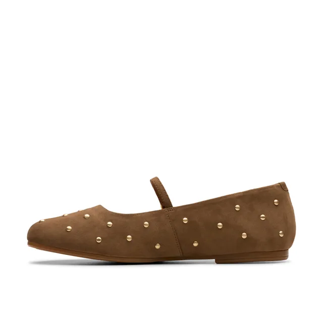 【Clarks】女鞋 -Livia Stud真皮鉚釘瑪莉珍鞋 平底鞋(核桃色)(CLF84158C)