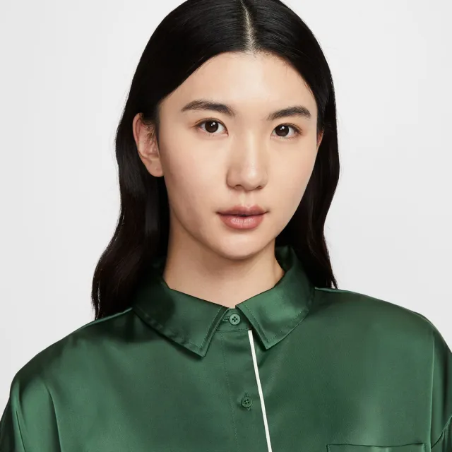 【NIKE 耐吉】長袖上衣 女 襯衫 寬鬆 緞面 AS W NSW OFFLN WVN STN LS TOP 綠 IM0576-323