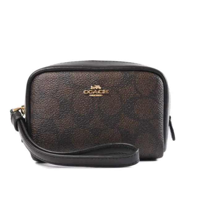 【COACH】緹花LOGO防刮拉鍊手掛萬用包-咖啡色