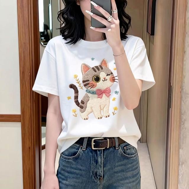 【LANNI 藍尼】★可愛貓咪圓領短袖T恤(女裝/圓領上衣/休閒/百搭/日系/通勤)