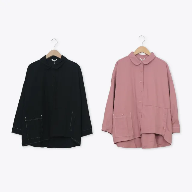 【MOSS CLUB】不對稱寬鬆落肩襯衫 黑 粉