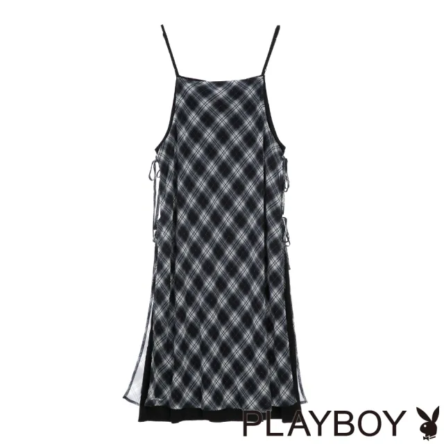 【PLAYBOY】雪紡格紋兩穿吊帶裙 - 黑色