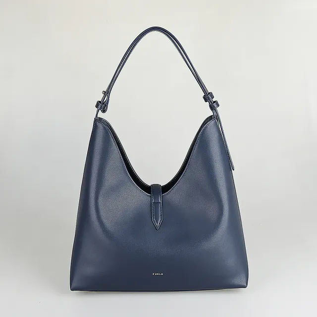 【FURLA 芙拉】FURLA 燙金LOGO Goccia系列小牛皮垂掛帶開口式肩背流浪包(中/墨藍)