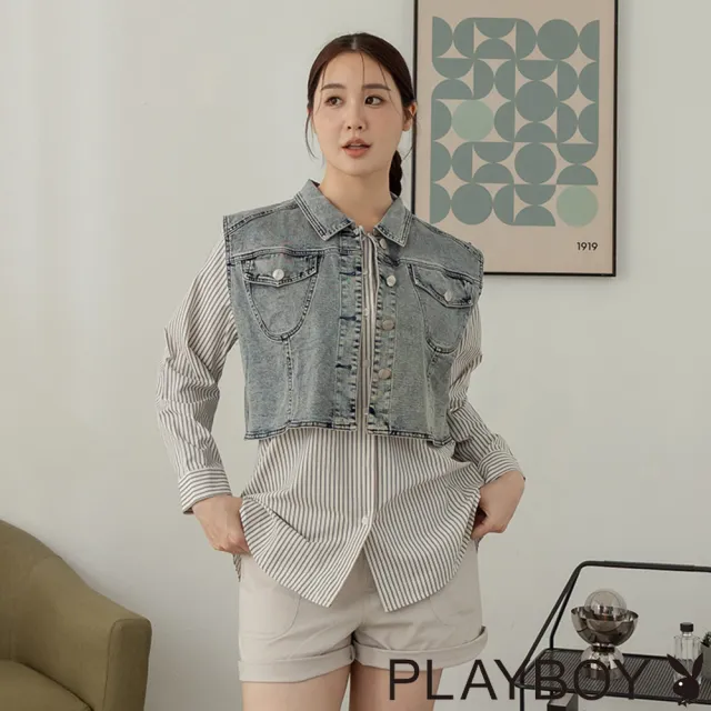 【PLAYBOY】假兩件牛仔背心長襯衫 - 藍色