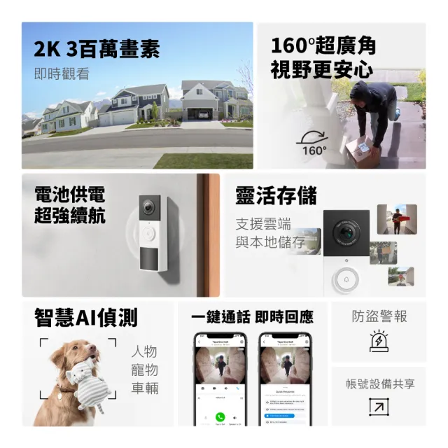 【TP-Link】Tapo D210 2K 300萬畫素 AI智慧無線視訊門鈴(全彩夜視/160°超廣角全身入鏡/支援512GB)