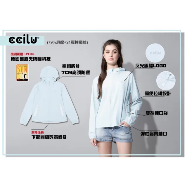 【CCILU 馳綠】官方直營 女款 連帽修身 UPF50+ 透氣排汗防曬外套-深藍/淺藍
