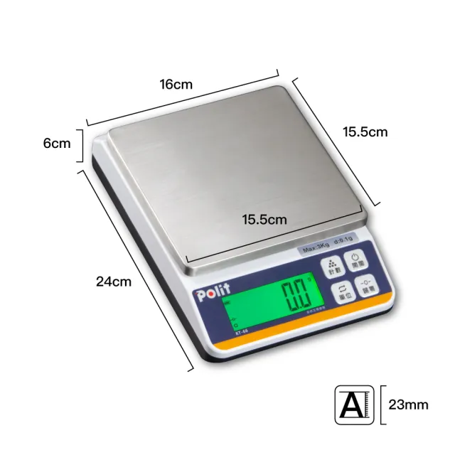 【Polit 沛禮】KT-66電子秤 最大秤量2kg 4kg 8kg 12kg(插電 可乾電池 防塵套 不鏽鋼秤盤 磅秤 料理秤)