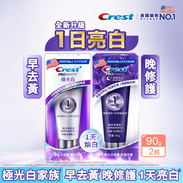 【Crest】1日亮白新客組-極光白深層亮白 美白牙膏90g 2入．牙齒美白(1天亮白/革黃素/牙齒美白/極光小白管)